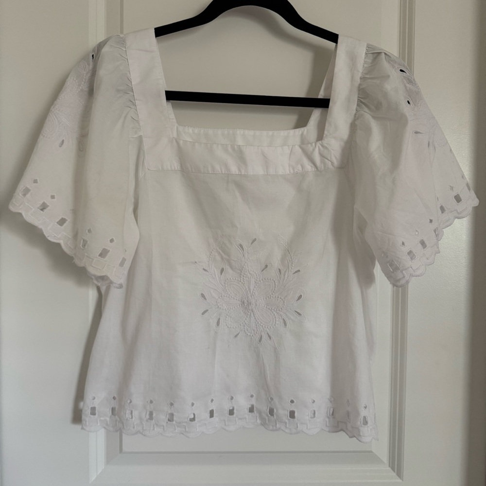 LOFT Ivory White Embroidered Floral Blouse, XS